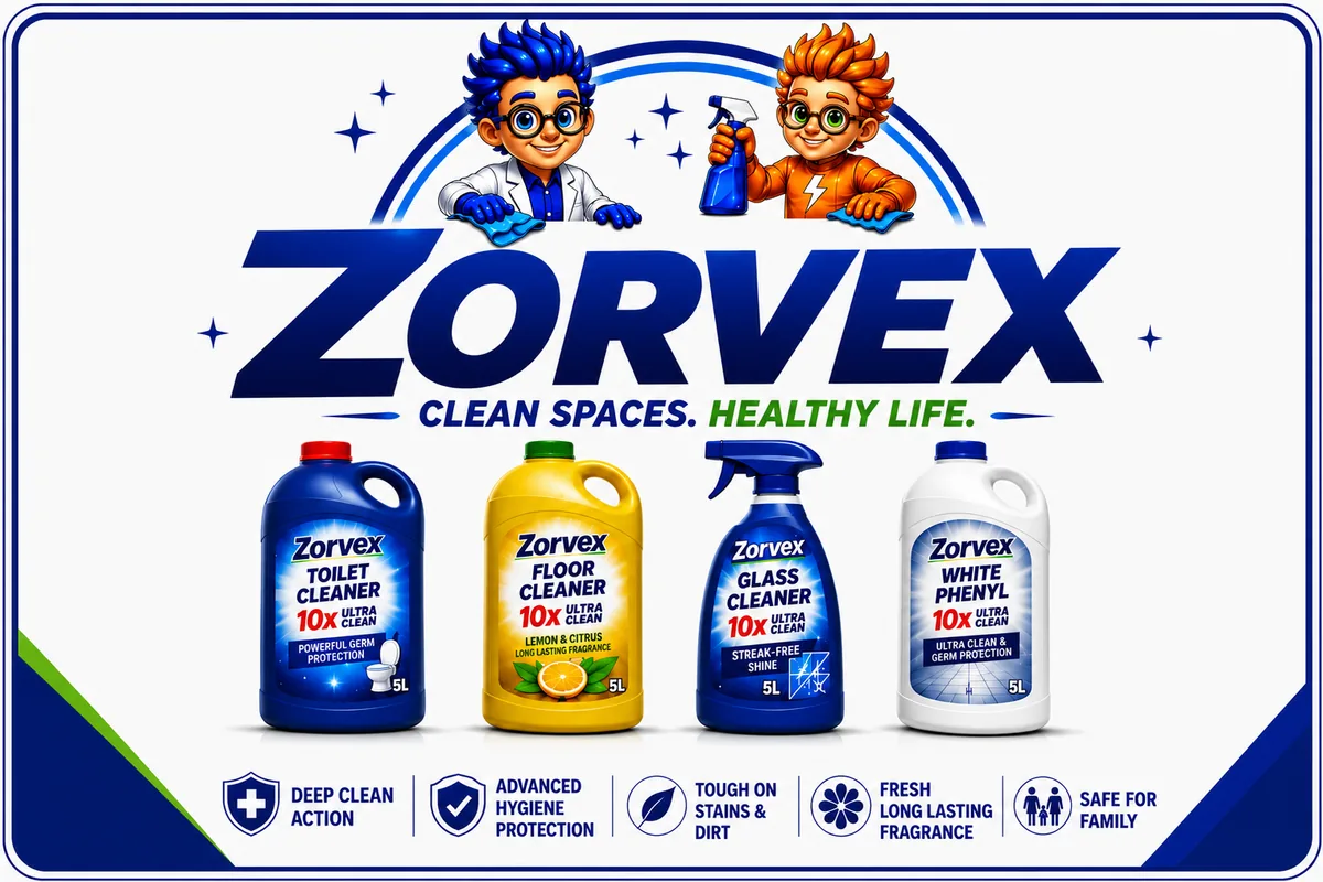 Zorvex cleaning product range — toilet cleaner, floor cleaner, glass cleaner and white phenyl